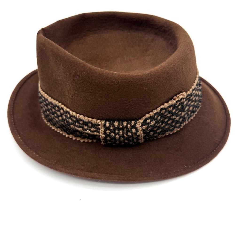 Vintage Custom Craft Select Fur Felt Fedora Hat Brown Mid Century Woven Band 21"